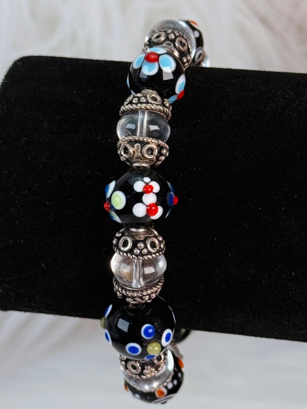 Colorful lamp work, art deco, beaded, toggle closure bracelet